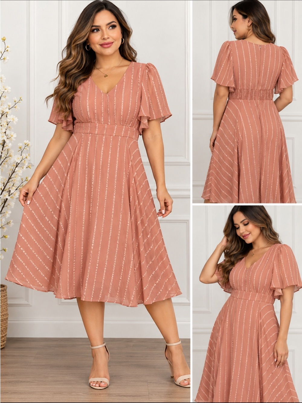 Julian Taylor Dusty Rose Midi Dress with Flutter Sleeves